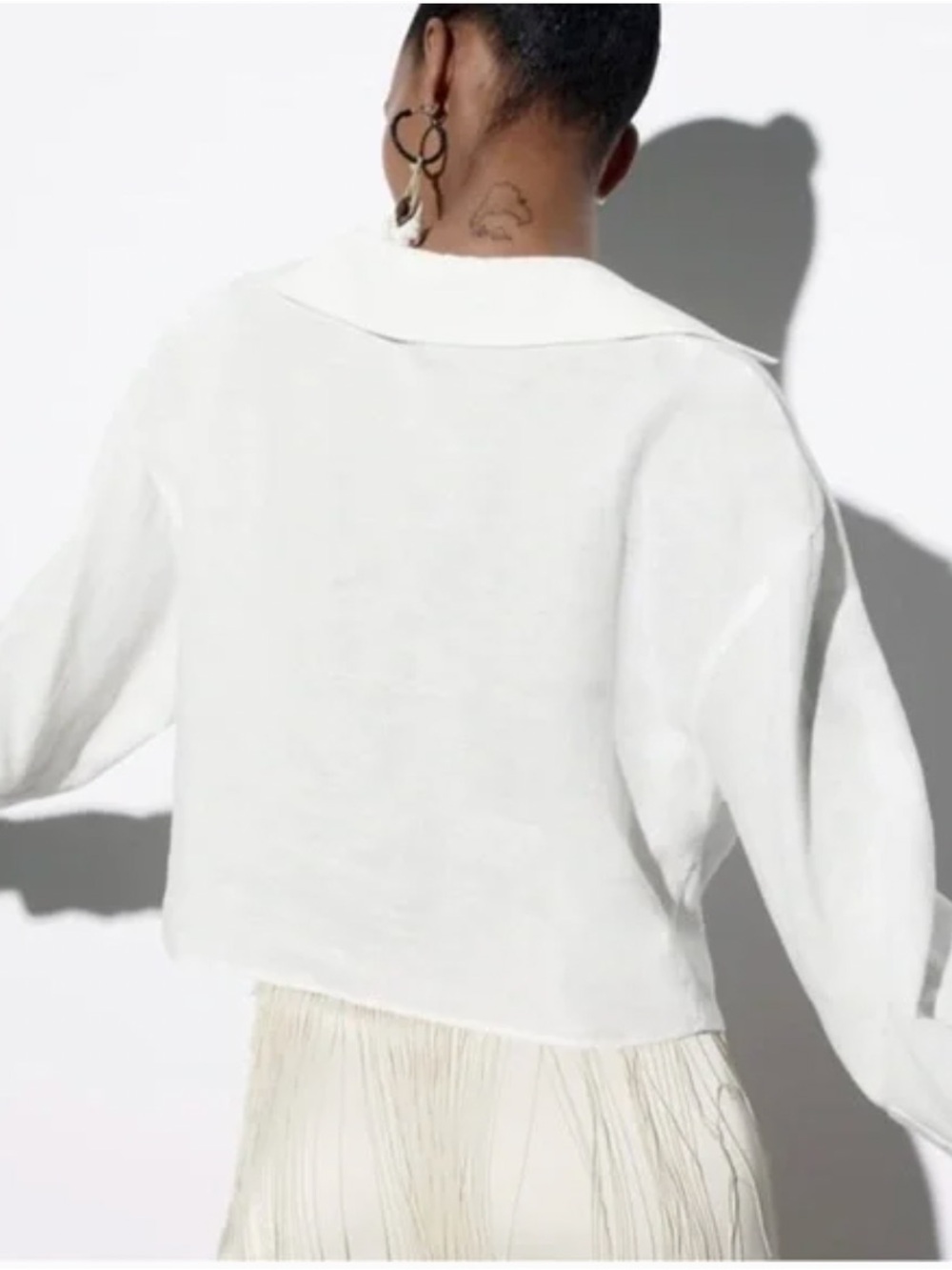 Zara White Linen Draped Collar Button-Down Blouse - Picture 3 of 8